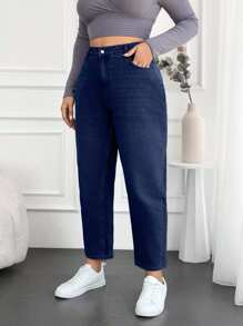 EURMUSE 100%Cotton Plus Size Water Washed Mom Style Jeans - Dark Wash - View 1