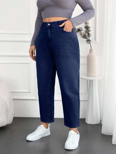 EURMUSE 100%Cotton Plus Size Water Washed Mom Style Jeans
