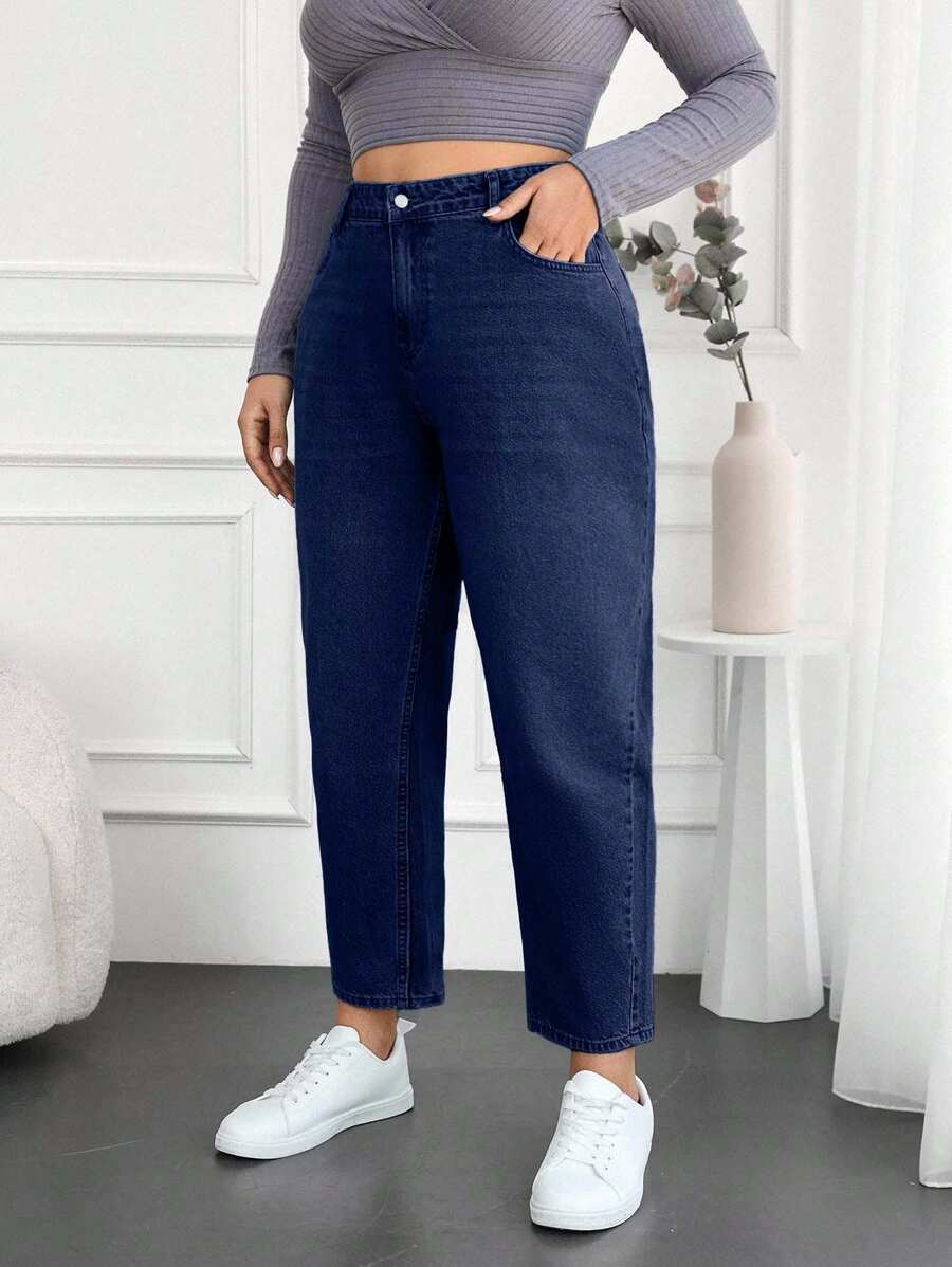 EURMUSE 100%Cotton Plus Size Water Washed Mom Style Jeans - Dark Wash - View 1