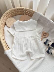 Bộ đồ liền thân tay ngắn cổ Peter Pan màu trơn cho bé trai kèm quần short, phong cách thường ngày đa năng - trắng - Xem 2
