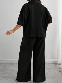 EURMUSE Solid Drop Shoulder Button Front Shirt & Wide Leg Pants Set – Effortless Chic Co-Ords - Black - View 2