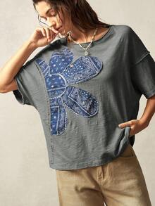 Bohemela 柔软度假图案纯色针织圆领宽松水洗女式 T 恤，夏季 - 灰色 - 查看 4