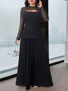Modelyn Robe élégante à manches longues en dentelle ajourée avec ourlet plissé pour femmes - Noir - Voir 3