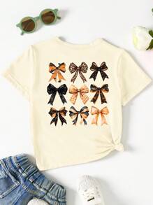 SHEIN Halloween Girls Toddler Yellow T-Shirt, Casual Fashion Creative Tic-Tac-Toe Leopard Plaid Bow Graphic Print Short Sleeve Tee, Holiday Casual Style Girls Bow Shirt Bow Shirt Girls Bows On Clothes Cute Bow Shirt Bow Clothes