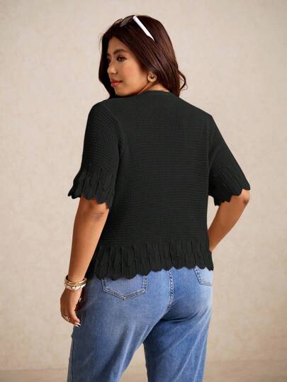 Elaquor Plus Size Minimalist Casual Solid Color Shell Trim Button Front Short Sleeve Cardigan Spring To Summer