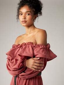 AiiRZ Off Shoulder Ruffle Maxi Dress Long Balloon Sleeve Empire Waist Special Occasion Flowy Chiffon Gown Wedding Guest Party Evening Formal Dress - Pink - View 3
