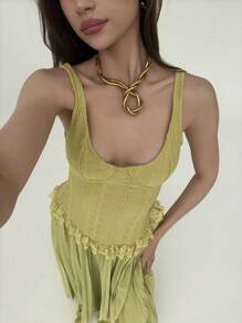 Aloruh Váy xếp ly cổ thấp gợi cảm, viền ren tương phản Jacquard cổ điển mới, màu vàng, ôm sát đường cong, phù hợp cho kỳ nghỉ, hẹn hò và giờ nghỉ trà - Màu Mù tạt vàng - Xem 5