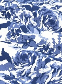 SHEIN MOD 大码复古花卉分层 V 领长裙，蓝白相间，女式夏/秋连衣裙，田园复古，生日连衣裙，初秋连衣裙 - 彩色 - 查看 4