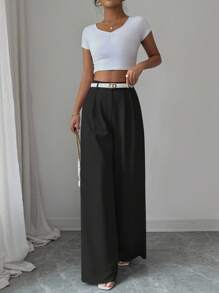 Elenzga 宽松紫色阔腿裤，女士休闲直筒长裤，夏季 - 黑色 - 查看 3