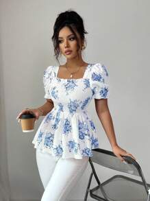 Elenzga 新款春夏法式紫色碎花腰部收紧优雅优质荷叶边领泡泡袖A字型女式复古短袖衬衫，适合教师 - 藍色 - 查看 1