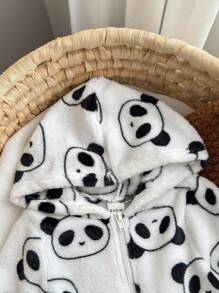 男嬰熊貓圖案連帽法蘭絨連身褲 - 黑與白 - 查看 6