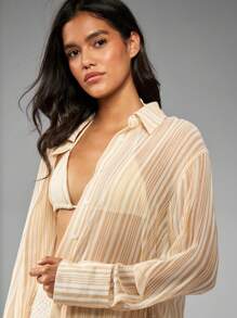 MISSGUIDED Oversized Strandresort Hemd mit Knöpfen, Sommer Urlaub Strandüberwurf, transparente gestreifte Bluse mit langen Ärmeln, Damen Top mit Seitenbindung - Gelb - Übersicht 6