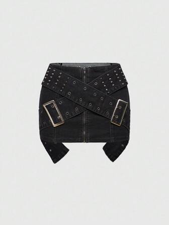 Grunge Punk Minifalda de mezclilla para mujer decorada con remaches y ojetes metálicos de estilo vintage punk Y2K