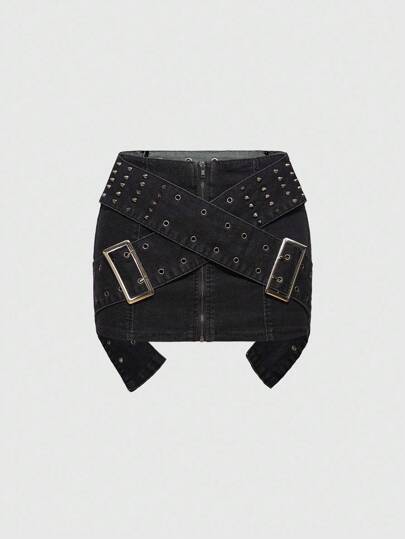 Grunge Punk Y2K Vintage Punk Metal Rivet Grommet Decorated Women's Denim Mini Skirt