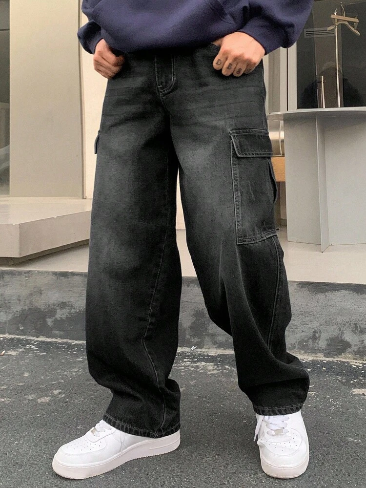Men's Solid Color Casual Loose Cargo Jeans, Autumn