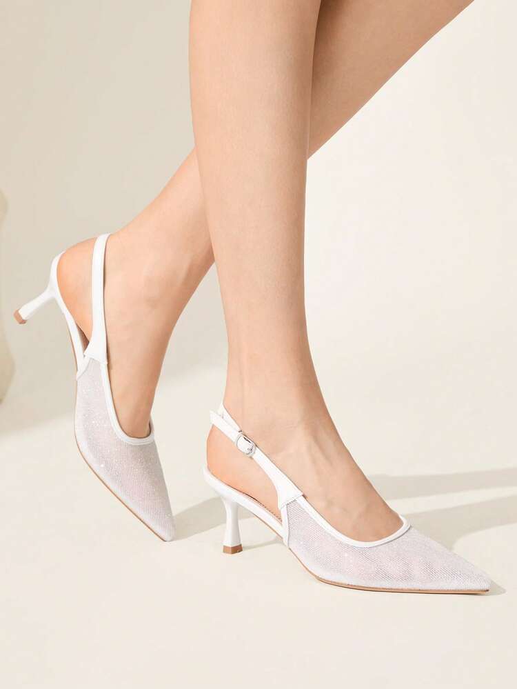 CUCCOO CHICEST Women's Shiny Silver Mesh Fashionable Sexy Elegant Lady Elegant Adjustable Buckle Slip-On Comfortable Daily Commute Party Stiletto High Heel Pumps