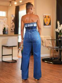 BamGleam Áo crop top denim buộc dây hở vai gợi cảm dành cho nữ - Rửa tối - Xem 4