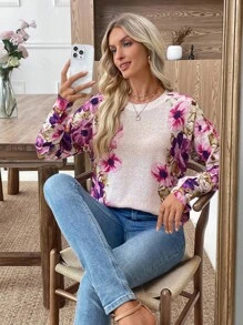 SHEIN LUNE Neu Vintage-inspirierter Farbdruck Rundhals leicht luftiger gestrickter Damen-Pullover, frisch und stylish für Frühling/Sommer - Aprikosenfarben - Übersicht 5