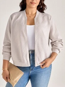 Comfylo Jaqueta Casual de Moda para Ir e Vir, Cor Sólida Texturizada, Tamanho Plus, Roupa de Outono para Mulheres, Estilo Old Money - Caqui - Visão 6