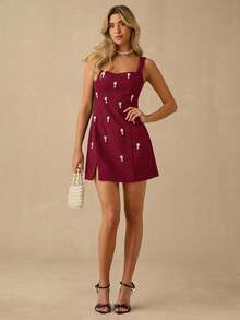 Enchnt Vestido mini sin mangas con decoración de perlas falsas de color vino tinto elegante y romántico para mujer, dulce y elegante para vacaciones, citas, fiestas, graduación, invitada de boda y playa, vestido de graduación, vestidos elegantes para fiesta