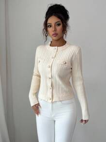 Elenzga Damen eleganter romantischer Strickjacken-Pullover, Rundhalsausschnitt, Langarm - Aprikosenfarben - Übersicht 4