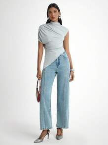 Daynim Calça jeans feminina casual com bolso de botão e perna reta - Lavagem Média - Ver 4