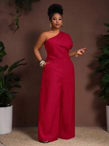 Slaydiva 2025 New Spring/Summer Plus Size Women's Graduation Party/Music Festival/Date/Vintage Western Vacation/Road Trip/Elegant Vacation/Tropical Vacation/Business Casual/Women's Vacation Jumpsuit - Deep Brown Single Shoulder Ruched Waist With Pockets Flared Leg Jumpsuit Plus Size Jumpsuit Jumpsuit For Women Wide Leg Jumpsuit Red Jumpsuit One Shoulder Jumpsuit - Red - View 5