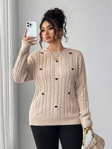 Elenzga Plus Size Women Solid Color Knitted Round Neck Heart Soft Cozy Cable Knit Long Sleeve Pullover Sweater, Cute & Sweet, Autumn/Winter Fall
