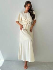 Firerie 女士优雅休闲通勤杏色圆领荷叶边短袖修身衬衫上衣和 A 字宽松短裙 2 件套 - 杏色 - 查看 5