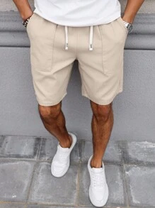 Manfinity Homme Men Spring Summer Casual Drawstring Waist Solid Color Denim Shorts Baggy Jorts Plain Cream Vacation Vintage Going Out Hang Out Commute College Urban