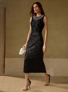 MOTF PREMIUM FAUX PEARL DETAIL CONTRAST SEQUIN COCKTAIL DRESS - Black - View 1