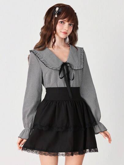 Kawaii Women's Plaid Bow Decor Cute Sweet Long Sleeve Blouse