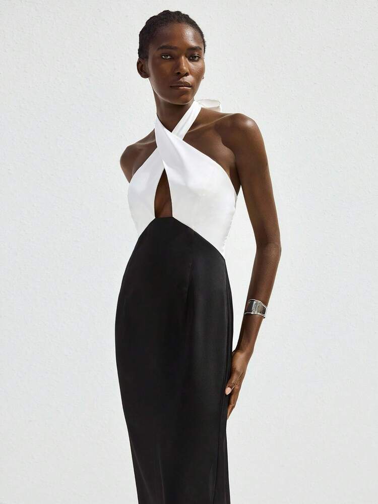 SHEIN Maija Black & White Contrast Criss-Cross Backless Hollow Out Fitted Waist Mid-Length Dress, Sleeveless Elegant Comfortable Summer Dress, Versatile For St. Patrick's Day, Spring Break, Easter, Music Festivals, Parties