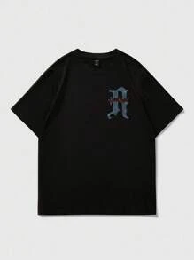 ROMWE MEN Street Life Men's Short Sleeve T-Shirt With Rhinestone English Graphic Print, Summer - Black - View 2