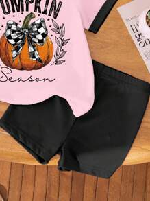Halloween Girls Casual Fashion Creative Pumpkin Checkerboard Bow Decor Pattern Print Casual Holiday Basic Short Sleeve Top And Bike Shorts 2pcs Set Pumpkin Season Shirt Girls Fall Shirt Halloween Shirt Cute T Shirt Girls Tshirt