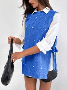 EURMUSE Round Neck Sleeveless Sweater With Pearls - Royal Blue - View 4