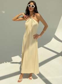 Aloruh New Champagne Backless Pleated Simple Long Halter Dress With Metal Ball Decor, Oversized Fit, Flattering Silhouette,Boho Clothes Women
