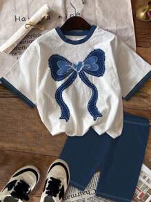 SHEIN Leap Crew 2pcs/Set Tween Girls Casual Bow Print Short Sleeve T-Shirt And Shorts Set, Suitable For Summer - White - View 2