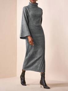 Zivah 2025 Herbst/Winter Neuerscheinung, Musikfestival, Abschlussfeier Saison, College Stil, Studentenmode, Alltags Lässig, Urlaub, Strand, Streetwear, Pendler Elegant, Outfit für Lehrerinnen, gehäkeltes grau meliertes Langarmkleid mit Schlitz an der Seite & weiten Ärmeln - Grau - Übersicht 2