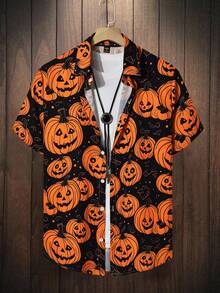 Manfinity Homme Men's Pumpkin Print Single-Breasted Casual Short Sleeve Shirt (Asymmetrical Print), For Halloween - Orange - View 4