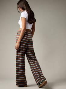 MISSGUIDED Weite gestreifte Palazzo Sommer Strandhose, lässige Resort Loungewear, Retro Muster Strand Kordelzug Elastischer Bund Urlaubs Hose, locker und bequem - Verschiedenfarbig - Übersicht 2