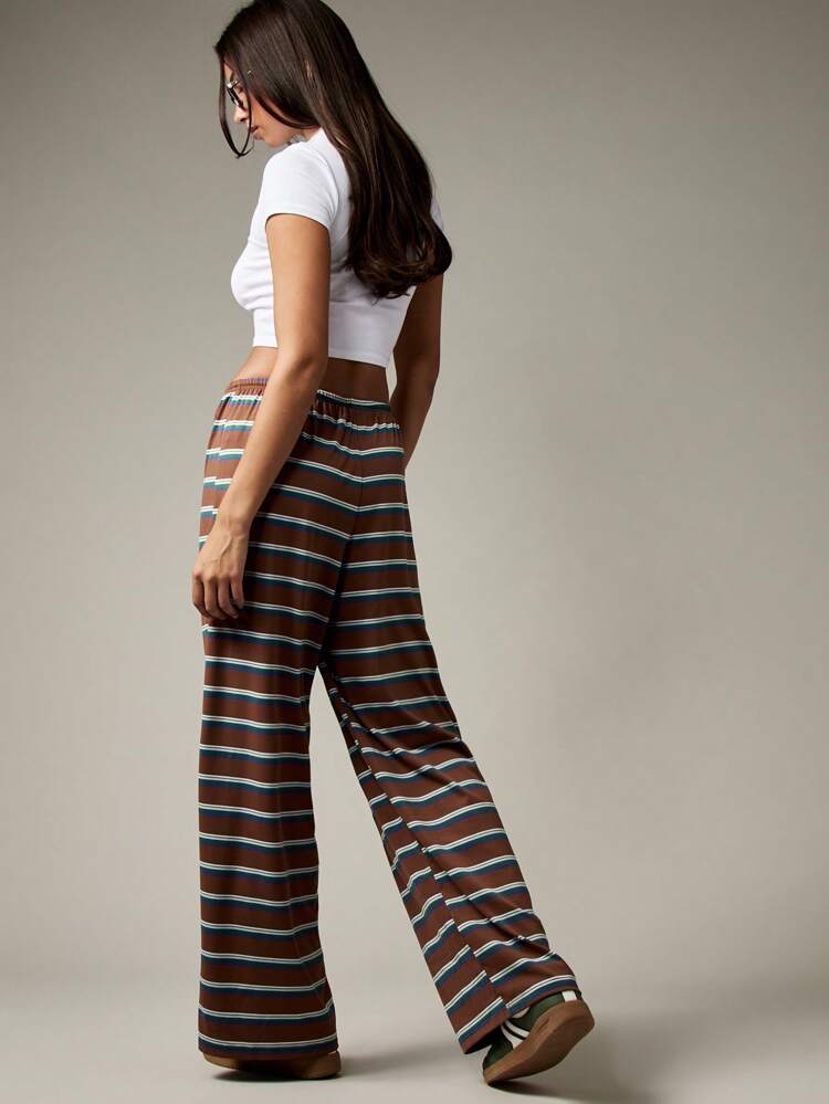 MISSGUIDED Wide Leg Striped Palazzo Summer Beach Pants Casual Resort Lounge Wear Retro Pattern Holiday Beach Drawstring Elastic Waist Vacation Pants Relaxed Comfy