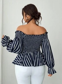 Elenzga Plus Size Off-Shoulder Long Sleeve Casual Vacation Blouse Fall Cloth For Women - Navy Blue - View 6