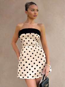 Glamine 女士优雅波尔卡圆点露肩短裙，时尚秋冬秋季女装返校可爱卡哇伊街头服饰波尔卡圆点上衣波尔卡圆点连衣裙 - 香檳色 - 查看 1