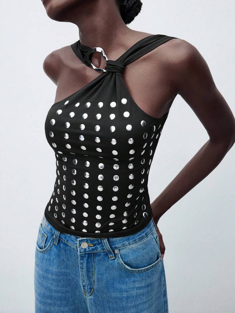 SHEIN Maija Top sans manches à col ras-du-cou avec décoration de rivets, tenue décontractée pour l'automne