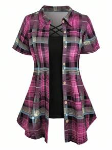 SHEIN EMERY ROSE CURVE 3 件套加大码格子夹克、束腰上衣和裤子套装 - 彩色 - 查看 4