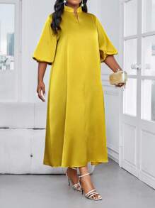 SHEIN Lady Spring And Summer Elegant Modest Party Wedding Cocktail Party Concert/Music Festival Gold Woven Satin Stand Collar Ball Gown Frill A Line Dress - Yellow - View 7