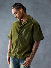 ROMWE MEN Street Life Herren-Jeanshemd mit Reverskragen, kurzen Ärmeln, einreihig, lässig, mit Tasche