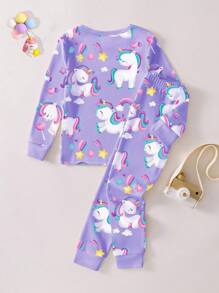女婴卡通独角兽和彩虹印花舒适睡衣套装，长袖上衣和裤子，舒适时尚 - 紫色 - 查看 2