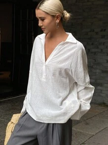 DAZY Solid Color Loose Long Sleeve Pullover Casual Vintage Blouse For Women, Autumn,Fall Women Clothes